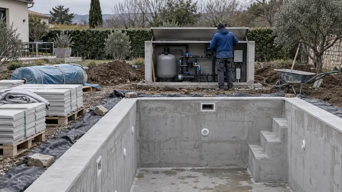 Pisciniste sur un chantier de piscine devant un bassin en béton non rempli, local technique ouvert et margelles empilées en attente de pose.