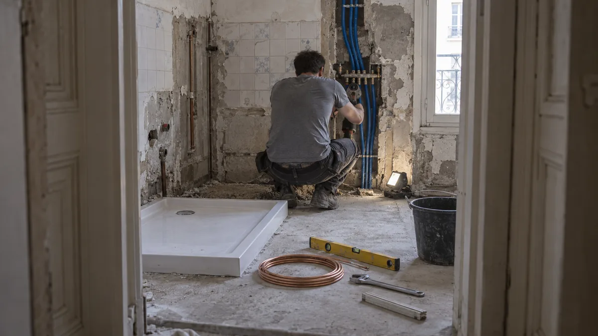 Salle de bain d'appartement ancien en cours de rénovation : un plombier accroupi de dos serre une sertisseuse sur un raccord de tubes multicouches dans une saignée ouverte, faisceau de gaines bleu profond le long du mur, receveur de douche extra-plat blanc posé à blanc sur le béton brut, couronne de cuivre, niveau à bulle et clé à molette au sol