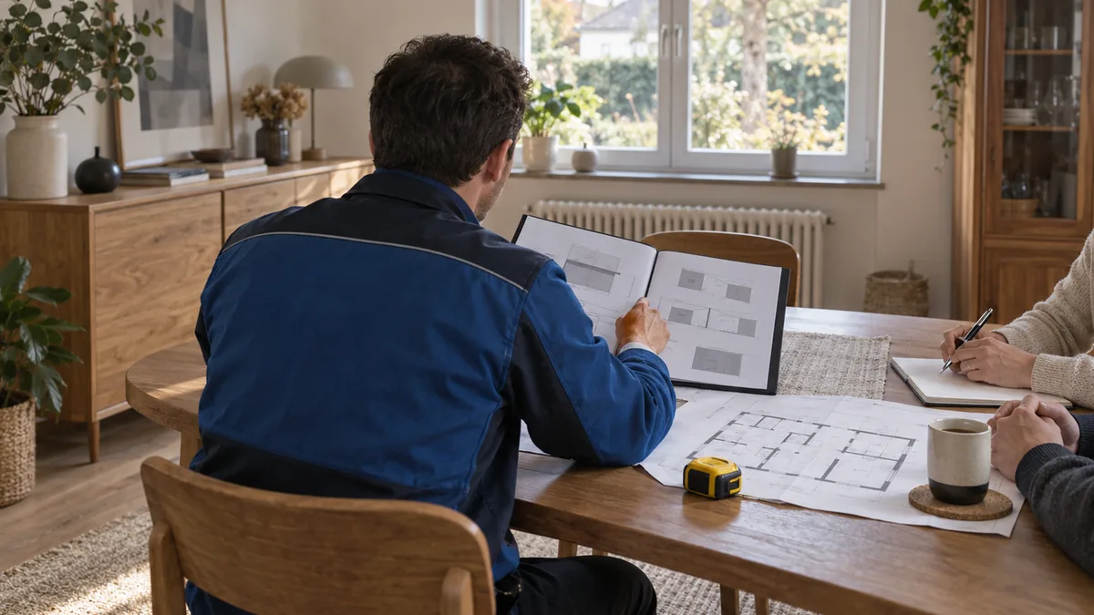 Artisan de la rénovation énergétique présentant un dossier ouvert à deux occupants autour de la table d'une salle à manger, plan de maison déplié à côté.