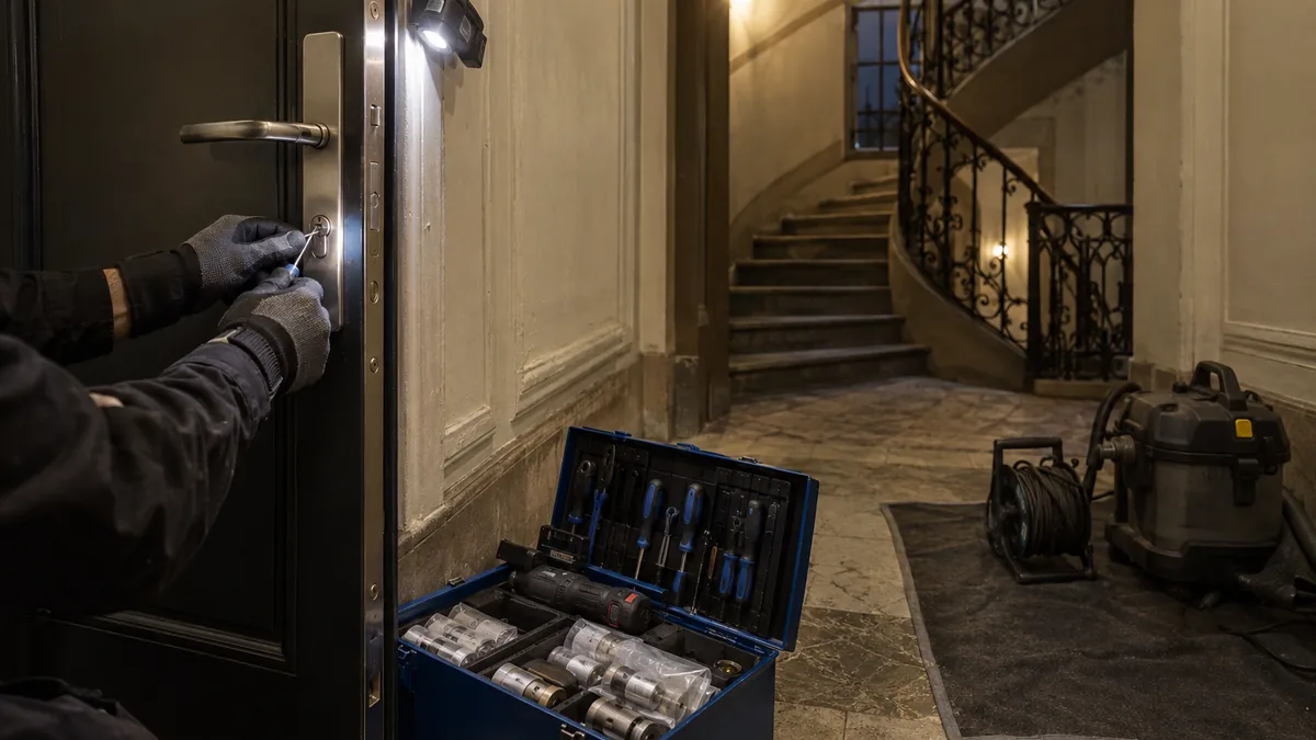 Serrurier intervenant de nuit sur le palier d'un immeuble : mains gantées cadrées aux avant-bras engageant des crochets fins dans le cylindre d'une serrure trois points de porte blindée, lampe frontale posée sur le chambranle éclairant le canon, caisse à outils métallique bleu profond ouverte au sol montrant des crochets alignés, un extracteur et des cylindres neufs, tapis de protection déroulé sur le carrelage, aspirateur de chantier compact, cage d'escalier en colimaçon et rampe de fer forgé à l'arrière-plan