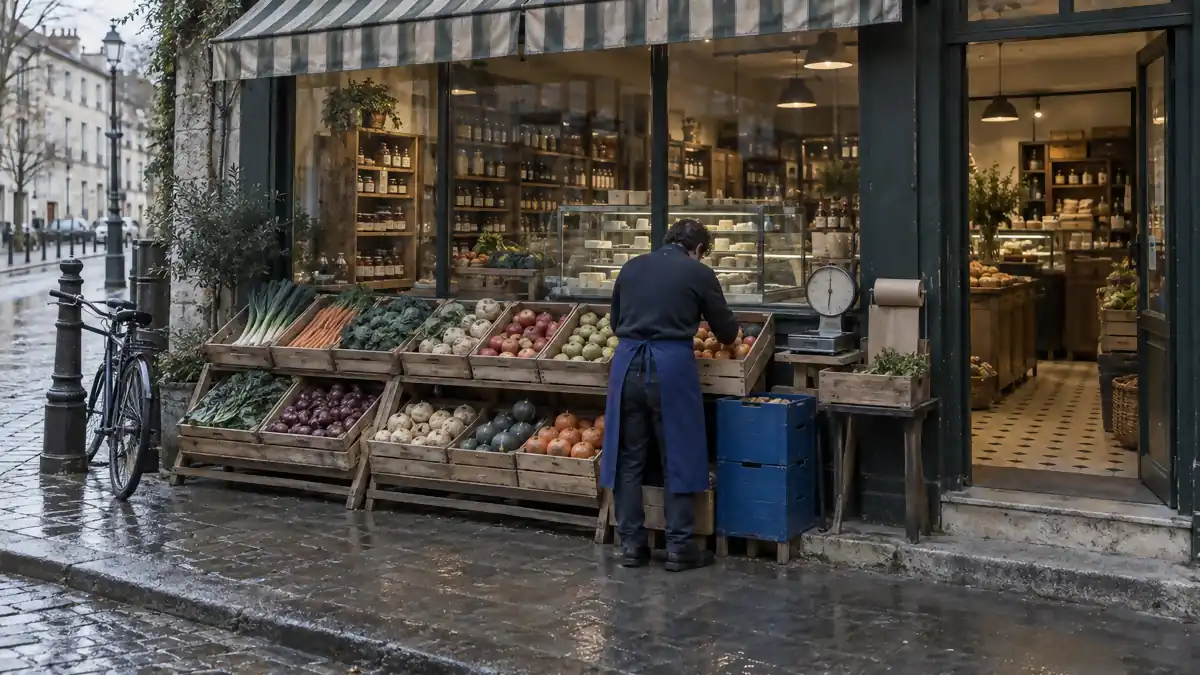 Épicerie de quartier française à l'ouverture, vue depuis le trottoir : étal extérieur en pente garni de cageots de bois de fruits et légumes rangés par couleur, balance mécanique à aiguille, rouleau de sacs en papier, store banne à rayures replié, commerçant en tablier bleu profond vu de dos redressant un cageot de pommes, caisses empilées du même bleu, rayonnages de bois, vitrine réfrigérée et comptoir de caisse patiné devinés derrière la vitre sans inscription lisible, vélo appuyé contre un poteau et pavé mouillé