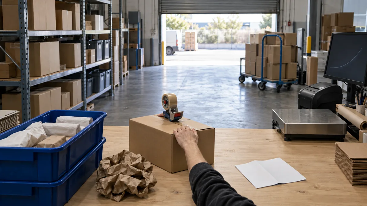 Poste de préparation de commandes chez un e-commerçant indépendant : deux mains cadrées aux avant-bras referment un carton brun avec un dévidoir de ruban adhésif sur une table de conditionnement en bois clair, calage en papier kraft froissé, bac de préparation bleu profond rempli d'articles emballés dans du papier de soie, rayonnage métallique à six niveaux de cartons et de bacs, balance à plateau, imprimante thermique, écran en veille affichant une courbe montante sans libellé, chariot de colis prêts et rideau de quai à demi relevé au fond
