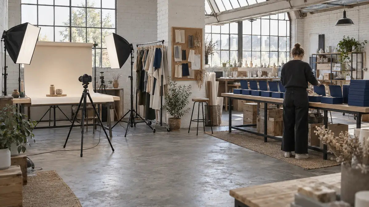 Atelier-studio d'une jeune marque en vente directe dans un ancien local industriel : à gauche un coin prise de vue produit avec fond de papier écru en cyclorama, deux boîtes à lumière sur pied et un appareil photo sur trépied, à droite une longue table d'expédition où une personne vue de dos garnit des boîtes bleu profond alignées avec une pile de boîtes à plat au bout, portant d'échantillons et tableau de liège couvert de nuanciers sans texte, fenêtres d'atelier à structure métallique et verrière en sheds au fond