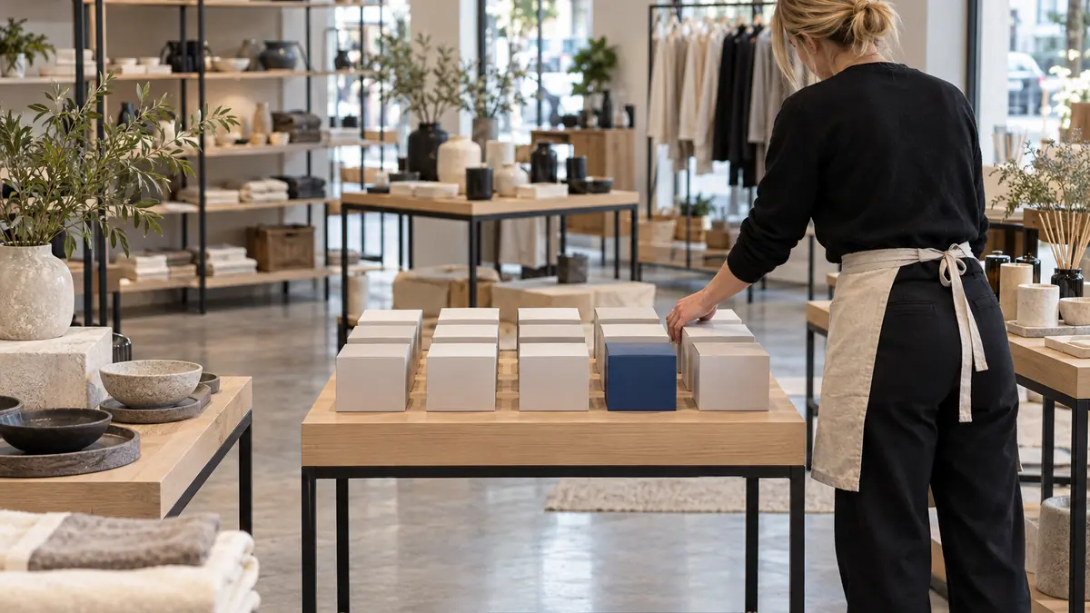 Corner d'une marque sur une table de présentation dans une boutique multimarque, une vendeuse de l'enseigne redressant un produit mal posé parmi d'autres univers.
