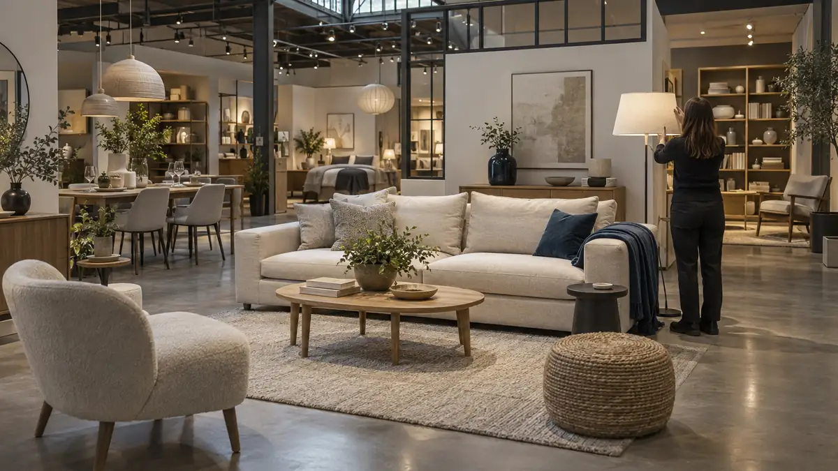 Salle d'exposition d'un magasin de meubles et décoration avant l'ouverture : mise en scène d'un salon avec canapé en tissu écru et coussins, tapis à poils courts, table basse en chêne portant une pile de livres fermés et une plante en pot, plaid bleu profond jeté sur l'accoudoir et vase de la même teinte sur une console, vendeuse en tenue sombre vue de dos redressant un abat-jour de lampadaire, salle à manger dressée et bibliothèque murale garnie en arrière-plan, sol en béton ciré, verrière en toiture et spots sur rail