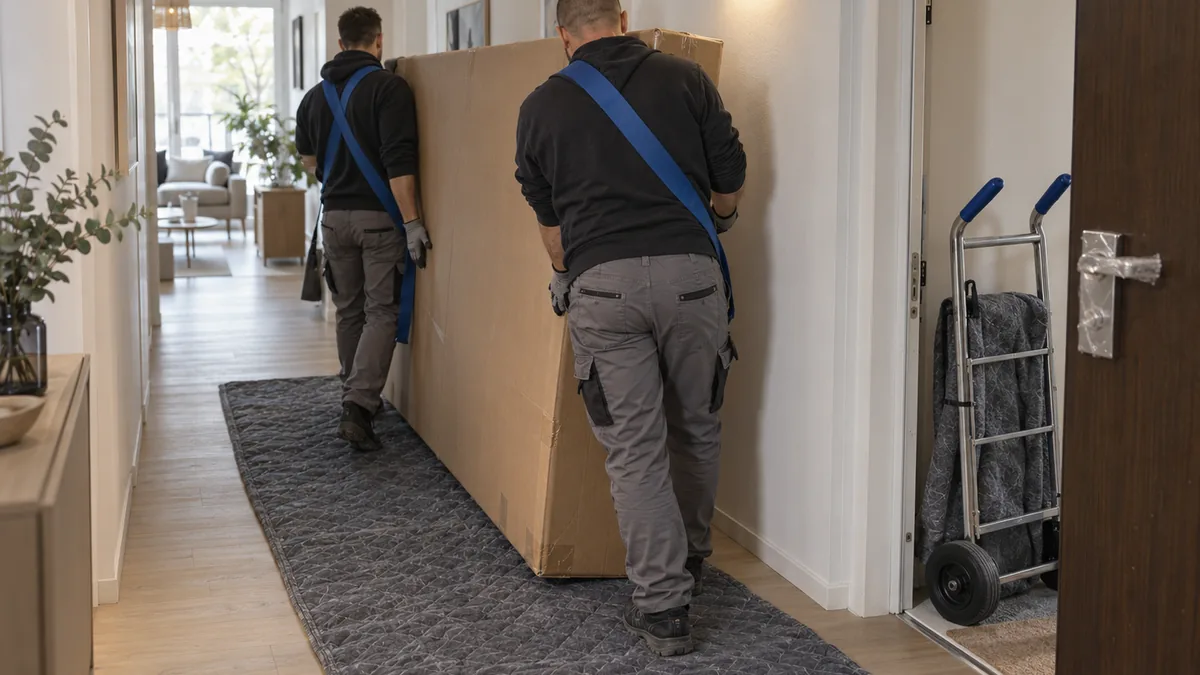 Deux livreurs manœuvrant un carton de canapé dans l'entrée d'un appartement, couverture de protection étendue au sol et diable posé contre le mur.