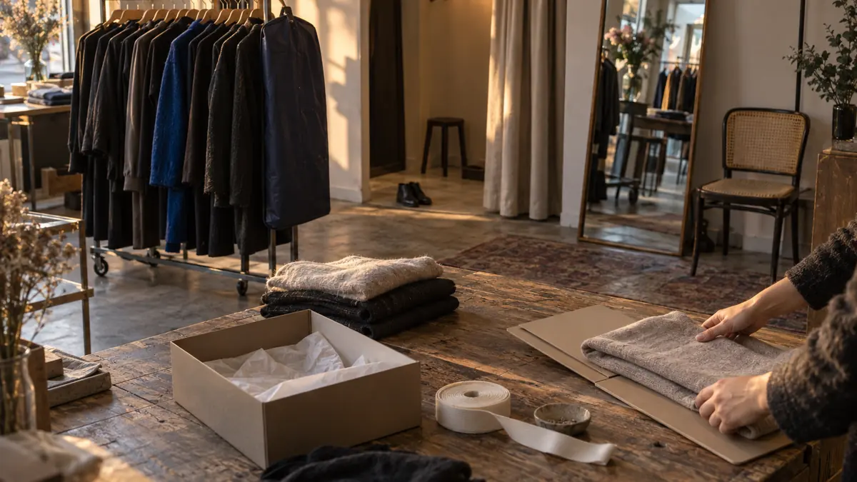 Comptoir d'une boutique de mode indépendante en fin d'après-midi : vendeuse cadrée aux mains repliant un pull sur une planche à plier, pile de vêtements pliés, boîte à chaussures ouverte laissant voir du papier de soie, rouleau de ruban de coton, portant à roulettes de cintres en bois aux vêtements sombres traversé par un seul manteau bleu profond et une housse de transport de la même teinte, miroir en pied incliné contre le mur, rideau de cabine d'essayage tiré à moitié et lumière dorée venue de la vitrine hors champ