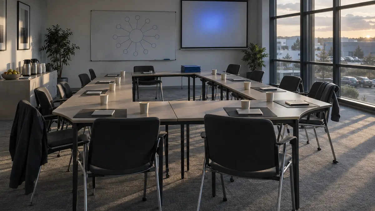 Salle de formation d'un siège de réseau de franchise en fin de journée, vide de participants : grande table en U, chaises repoussées, sous-mains, carnets fermés et gobelets de carton à chaque place, tableau blanc mural portant un schéma tracé au feutre d'un cercle central relié par des traits à une douzaine de cercles périphériques sans aucun mot, feutre bleu profond sur la tablette et pile de chemises cartonnées du même bleu, console basse avec thermos et tasses, baie vitrée donnant sur un parking de zone d'activité sous une lumière déclinante