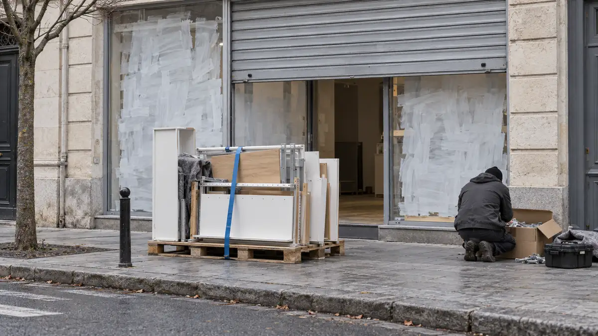 Cellule commerciale en changement d'enseigne, rideau métallique à mi-hauteur et vitrine blanchie, mobilier de magasin démonté sanglé sur une palette devant la porte.