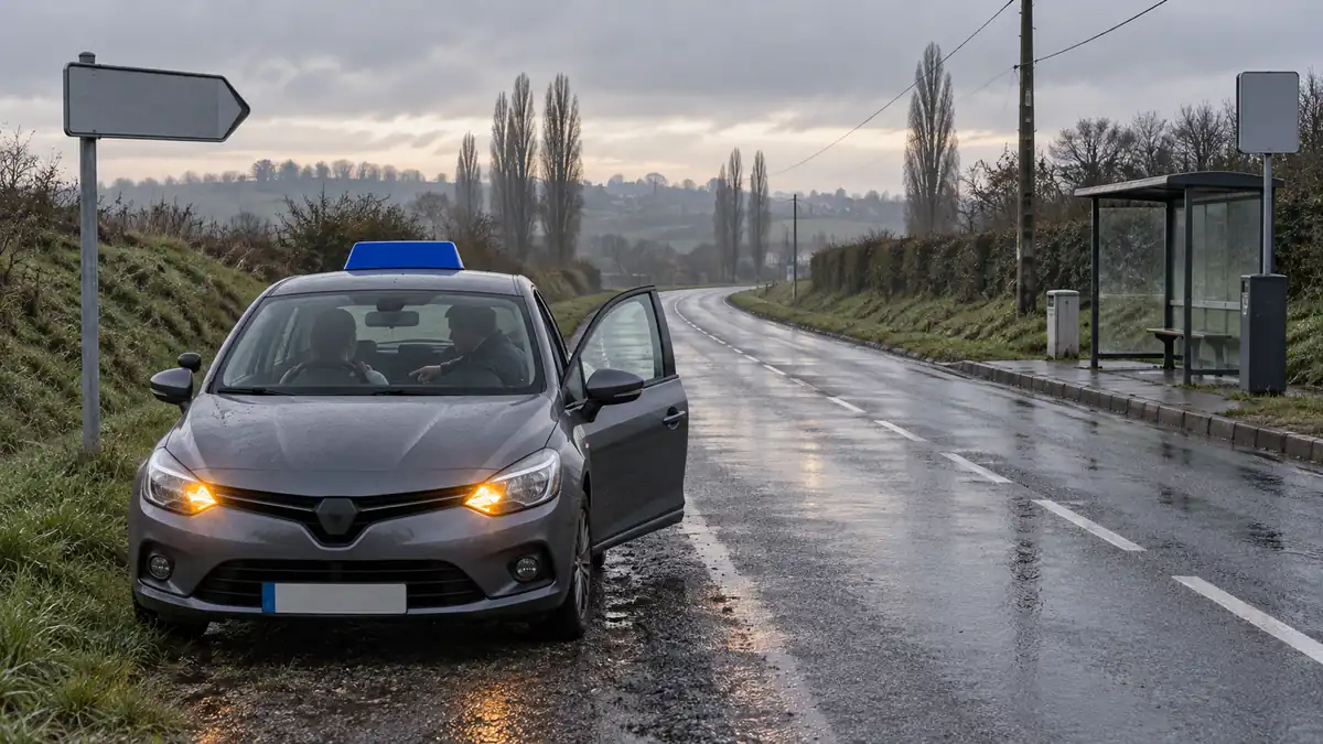 Leçon de conduite sur une route départementale française tôt le matin : voiture-école à double commande arrêtée en bord de chaussée, feux de détresse allumés, panneau d'école de conduite bleu profond uni sans inscription fixé sur le toit, élève au volant et moniteur côté passager vus de dos et de profil perdu, portière avant droite entrouverte, route mouillée filant entre deux talus herbeux et une haie avec marquage central discontinu, arrêt de bus abrité, borne kilométrique et ligne de peupliers sous un ciel bas et gris