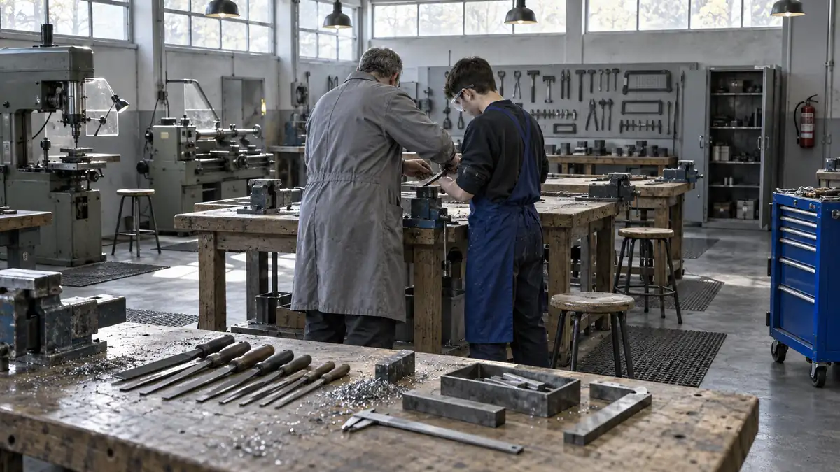Atelier pédagogique d'un centre de formation d'apprentis : rangée d'établis en bois massif équipés d'étaux avec tabourets et tapis antidérapants, formateur en blouse vu de trois quarts dos guidant la main d'un apprenti en lunettes de protection et tablier bleu profond sur une pièce métallique serrée dans un étau, servante à outils de la même teinte, limes rangées par taille, pied à coulisse et copeaux sur les établis, panneau perforé mural où chaque outil a sa silhouette peinte, machines-outils à l'arrêt et hautes fenêtres en bandeau