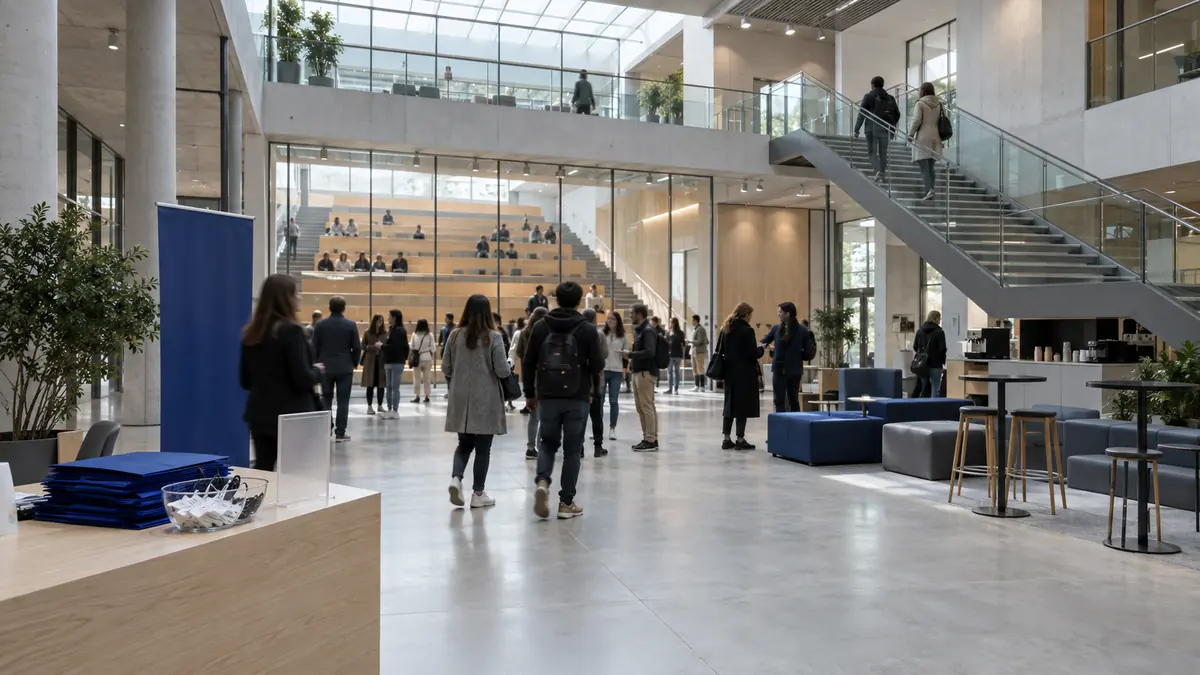Hall d'accueil d'une école privée d'enseignement supérieur un jour de portes ouvertes : volume haut ouvert sur deux niveaux avec escalier droit à limon métallique et garde-corps de verre, silhouettes d'adultes et d'adolescents vues de dos ou floues circulant en petits groupes, table d'accueil en bois clair portant une pile de pochettes cartonnées bleu profond, corbeille de badges vierges et kakémono sans inscription, paroi vitrée laissant voir un amphithéâtre aux gradins de bois clair, banquettes basses et machine à café sous une verrière zénithale