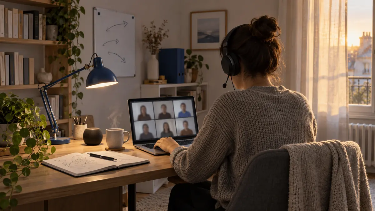 Formatrice en langues donnant un cours à distance depuis un bureau d'appartement, vue de trois quarts dos, casque-micro sur les oreilles et visage hors champ, une main sur le clavier d'un ordinateur portable dont l'écran affiche une grille de six vignettes vidéo floues sans texte lisible, carnet ouvert couvert de traits illisibles, tasse fumante, petit haut-parleur et lampe d'architecte à abat-jour bleu profond, bibliothèque aux dos de livres illisibles, plante retombante et fenêtre à rideau clair filtrant une lumière dorée