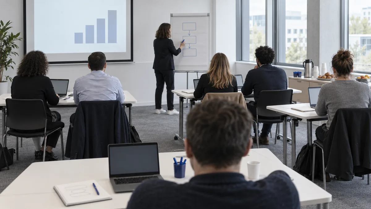 Salle de formation professionnelle en intra-entreprise vue depuis le fond : six adultes assis en îlots de deux, tous de dos, chacun devant un ordinateur portable ouvert et un carnet annoté, formatrice debout de trois quarts dos près d'un paperboard, marqueur bleu profond en main, venant de tracer un schéma en trois blocs reliés par des flèches sans aucun mot, pot de marqueurs du même bleu, écran de projection affichant un graphique à barres sans libellé, desserte avec bouteille isotherme et gobelets, fenêtres à stores relevés