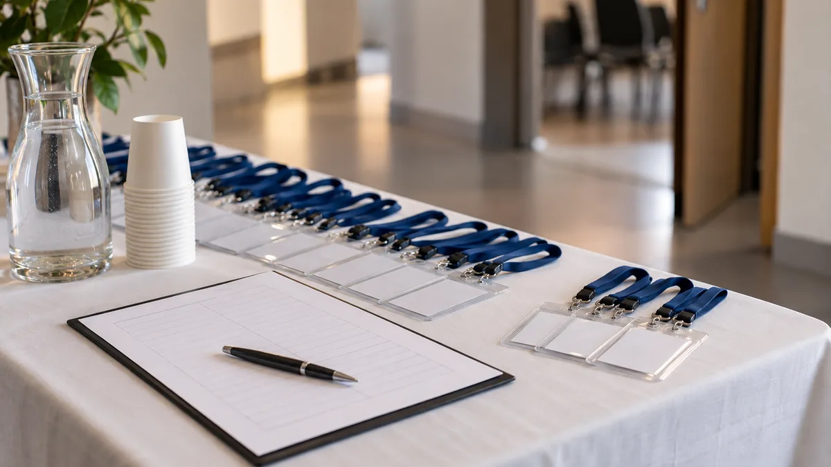 Table d'émargement à l'entrée d'une salle de formation : feuille aux lignes vides, stylo en travers et rangée de porte-badges dont quatre n'ont pas été retirés.