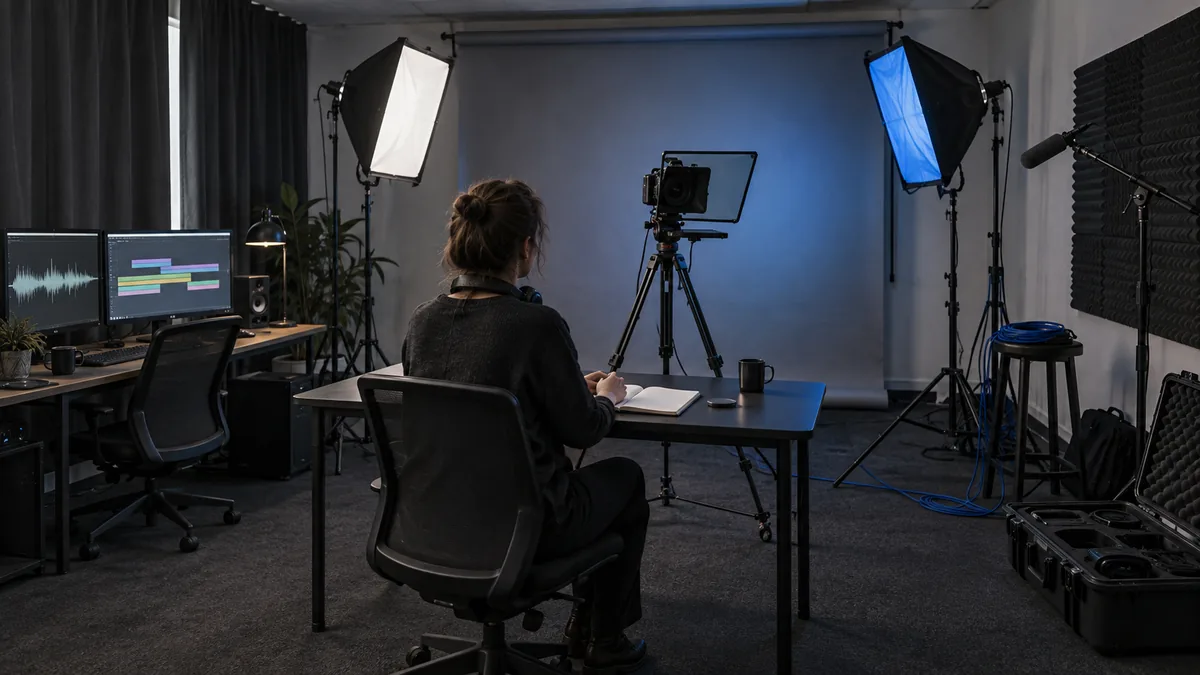 Studio d'enregistrement de modules pédagogiques aménagé dans un bureau : table de tournage devant un fond de papier gris déroulé, intervenante vue de dos et de trois quarts, casque autour du cou et mains près d'un carnet ouvert, appareil photo sur trépied, prompteur à miroir sans texte, deux panneaux LED sur pied dont l'un porte une gélatine bleu profond teintant le fond, câbles roulés en couronne, poste de montage à deux écrans affichant une onde audio et des blocs sur une ligne de temps sans libellé, panneaux acoustiques en mousse et rideaux occultants
