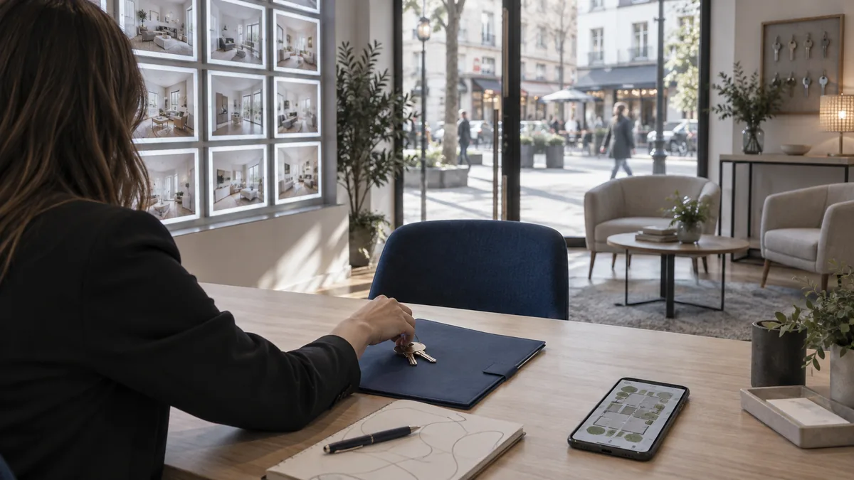 Bureau d'une agence immobilière de centre-ville vu vers la vitrine : négociatrice cadrée aux mains et au buste, de trois quarts dos, posant un jeu de clés sur un dossier cartonné fermé, carnet annoté, téléphone face contre table et écran affichant un plan de masse schématique sans cote ni légende, chemise à rabats bleu profond et fauteuil visiteur de la même teinte, mur de porte-affiches vitrés rétroéclairés ne montrant que des photographies d'intérieurs sans texte, porte-clés mural garni et passants flous derrière la vitrine