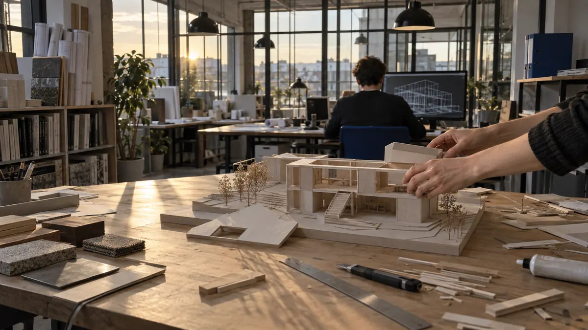 Agence d'architecture en plateau ouvert en fin d'après-midi : grande table de travail en bois clair portant une maquette d'étude en carton-plume et balsa aux volumes bruts avec escalier découpé et toiture amovible posée à côté, chutes de carton, cutter et règle métallique, deux mains cadrées aux avant-bras posant un petit volume sur la maquette, architecte de dos devant un écran large affichant un modèle filaire en trois dimensions sans cote ni libellé, classeur à levier bleu profond, mur de rouleaux de plans et grappe d'échantillons de matériaux, verrière d'atelier
