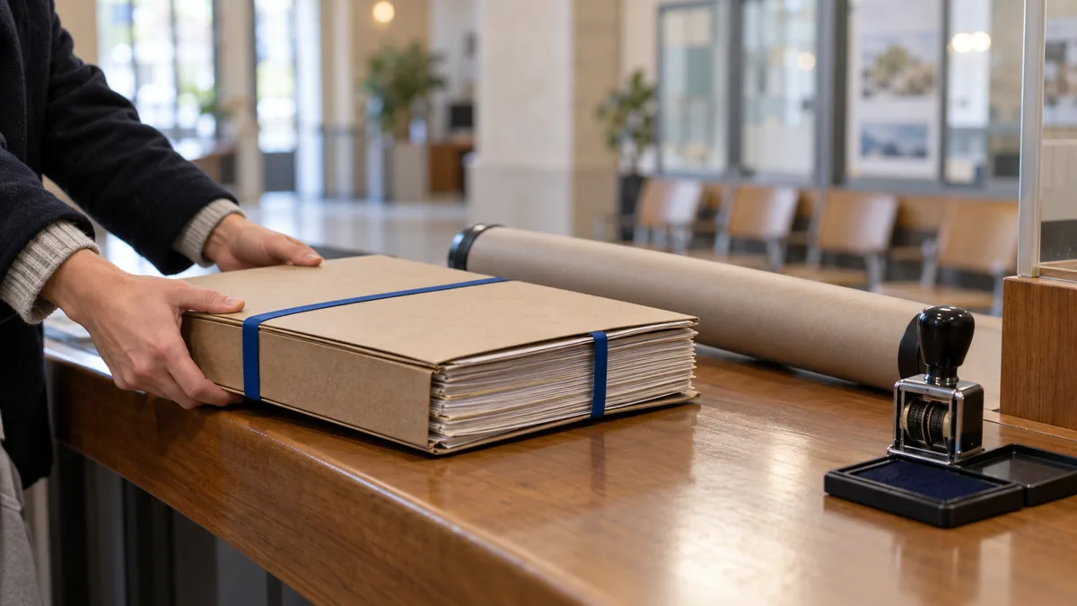 Dépôt d'un dossier au guichet d'urbanisme d'une mairie : dossier cartonné épais ceint d'élastiques et tube à plans poussés sur le comptoir, tampon dateur à côté.