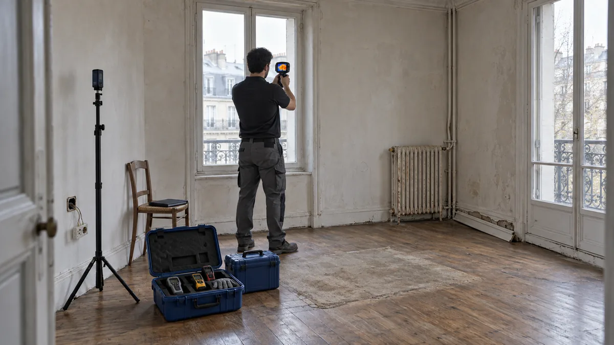 Diagnostic technique dans un appartement en cours de mise en vente : diagnostiqueur en polo et pantalon de travail vu de trois quarts dos tenant à deux mains une caméra thermique pointée vers l'encadrement d'une fenêtre, écran de l'appareil montrant un dégradé de taches chaudes et froides sans chiffre ni libellé, mallette rigide bleu profond ouverte à ses pieds laissant voir un humidimètre, un détecteur de plomb et un télémètre laser, pied télescopique portant un appareil de mesure, prise murale démontée pendant au bout de ses fils, pièce vide au parquet marqué