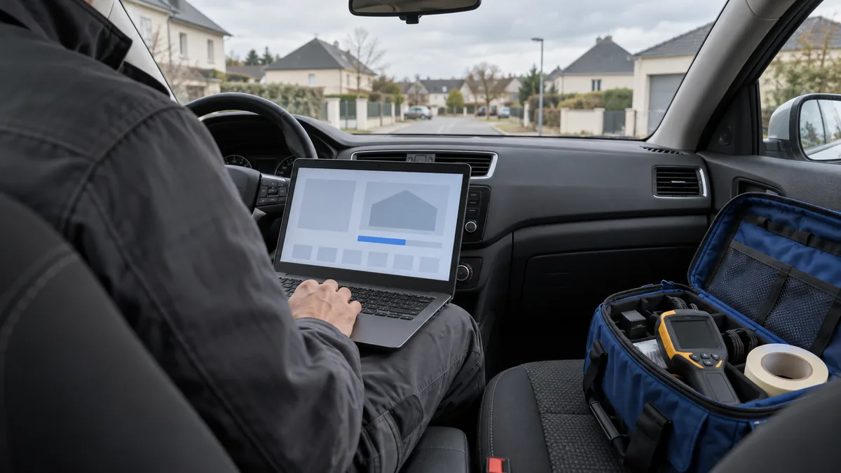 Diagnostiqueur immobilier travaillant sur son ordinateur portable au volant de sa voiture garée entre deux rendez-vous, sacoche et appareil de mesure sur le siège passager.