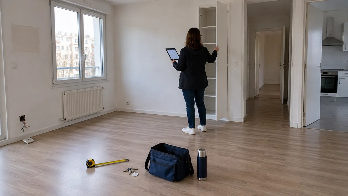 État des lieux d'entrée dans un appartement vide : séjour nu à parquet flottant et murs blancs, gestionnaire cadrée aux mains et au buste vue de trois quarts dos, tablette dans une main affichant une trame de cases vides sans texte, ouvrant de l'autre la porte d'un placard mural pour en inspecter l'intérieur, mètre ruban déroulé au sol, trousseau de clés à pastille vierge, sacoche bleu profond ouverte et thermos de la même teinte, trace rectangulaire claire sur le mur là où un meuble a été retiré, lumière du jour blanche et frontale