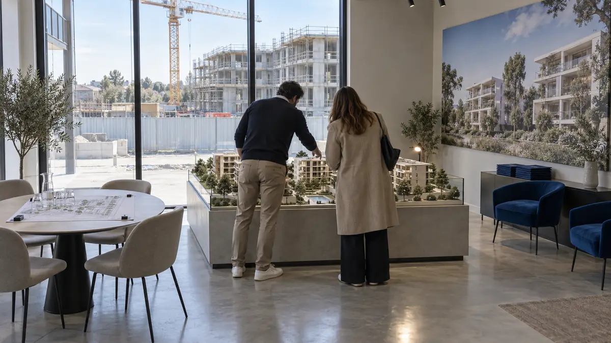 Bureau de vente d'un programme immobilier neuf : maquette de résidence à l'échelle posée sur un socle bas, trois bâtiments en volumes blancs, arbres de mousse, allées et petite piscine de résine sous un spot orienté, deux personnes vues de dos penchées sur la maquette dont l'une désigne un balcon, grand panneau mural montrant une perspective d'architecte sans inscription, pile de pochettes de présentation bleu profond et chaises de la même teinte, plan de masse déroulé maintenu par des presse-papiers, baie vitrée donnant sur le chantier avec grue et palissade