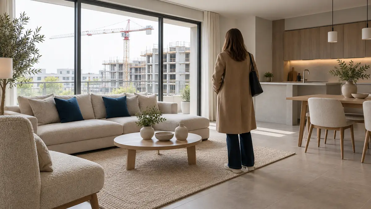 Séjour d'un appartement témoin entièrement meublé et sans trace d'usage, une visiteuse arrêtée au milieu de la pièce, le chantier voisin et sa grue visibles par la baie.