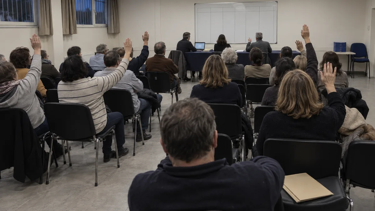 Assemblée générale de copropriété dans une salle communale vue depuis le fond : une vingtaine de chaises en rangées occupées aux trois quarts par des adultes de dos dont plusieurs lèvent la main, table de séance recouverte d'un tissu sombre au fond avec trois personnes de trois quarts dos devant un ordinateur portable ouvert et une pile de dossiers, tableau blanc portant un tableau à colonnes tracé à la main sans texte, bannette de dossiers bleu profond, fenêtres hautes à rideaux mi-tirés sur le soir et pavés lumineux au plafond