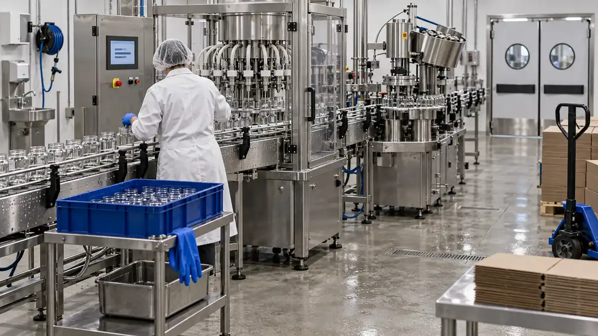 Opérateur de dos en blouse blanche, charlotte et gants bleus, démontant le carter d'un convoyeur en acier inoxydable sur une ligne de production agroalimentaire au sol humide, pendant la phase de nettoyage.