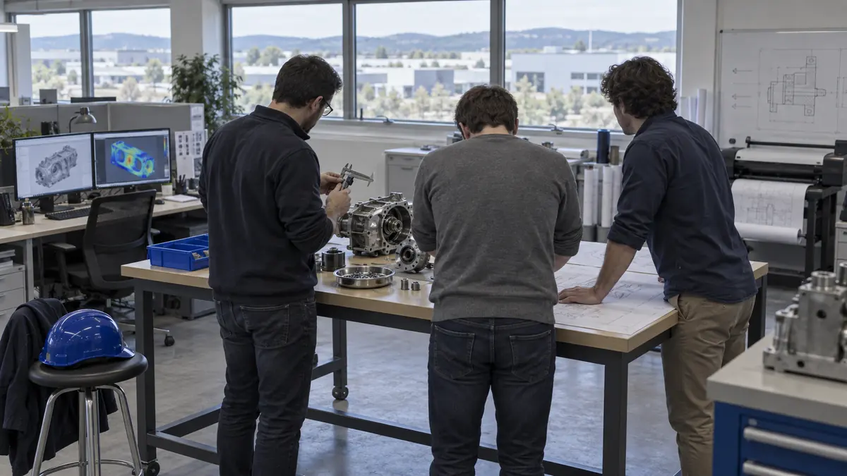 Deux ingénieurs de dos devant un grand écran affichant un modèle tridimensionnel en fil de fer et une cartographie de contraintes en dégradé bleu, dans l'open space d'un bureau d'études ; l'un tient une pièce métallique prototypée, des plans roulés et un pied à coulisse sont posés sur la table voisine.