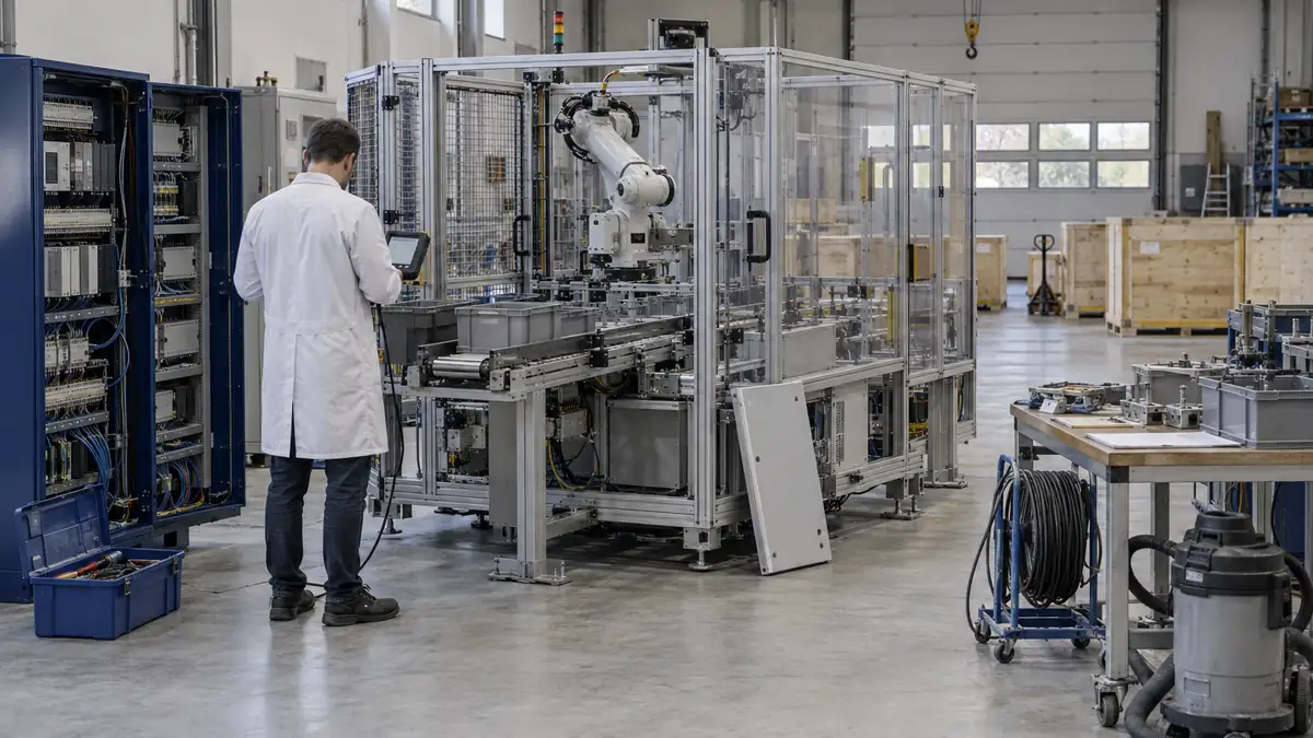 Machine spéciale en cours de montage dans un atelier d'intégration : bras robot, convoyeur et carter de sécurité sur châssis mécano-soudé, armoire électrique ouverte avec faisceaux de câbles bleus et gris, technicien de dos tenant une console de programmation.