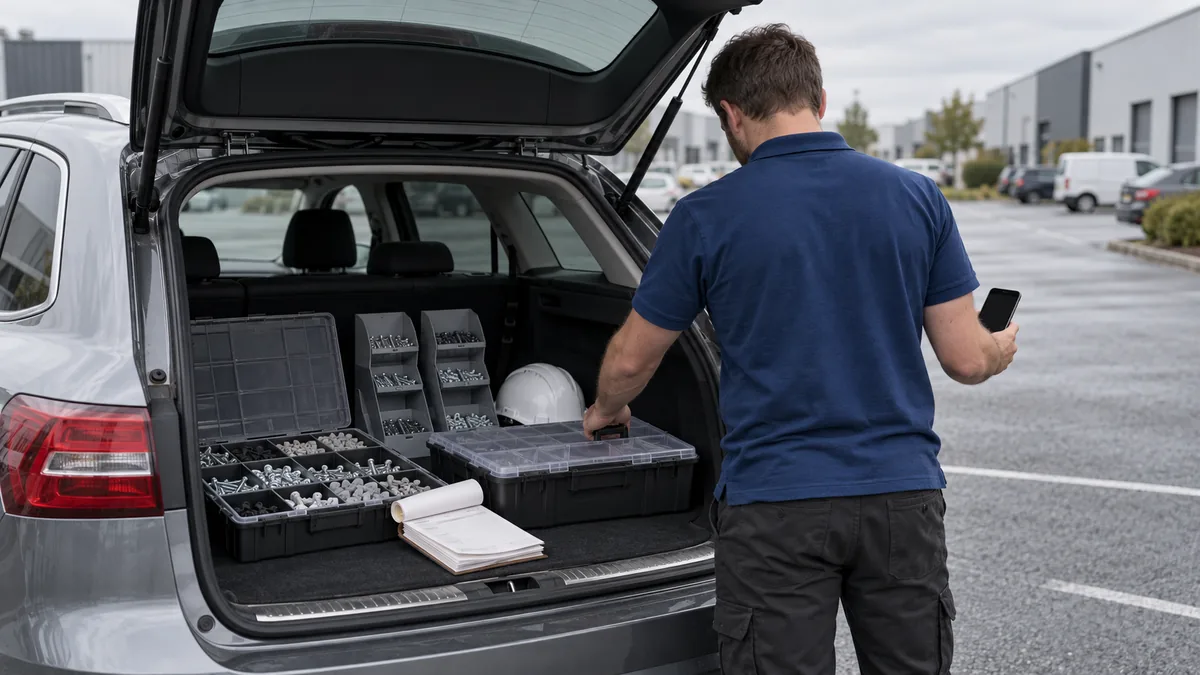 Coffre ouvert d'un break de société sur un parking de zone d'activité : caisses d'échantillons de visserie et carnet de commandes, un commercial refermant une caisse.