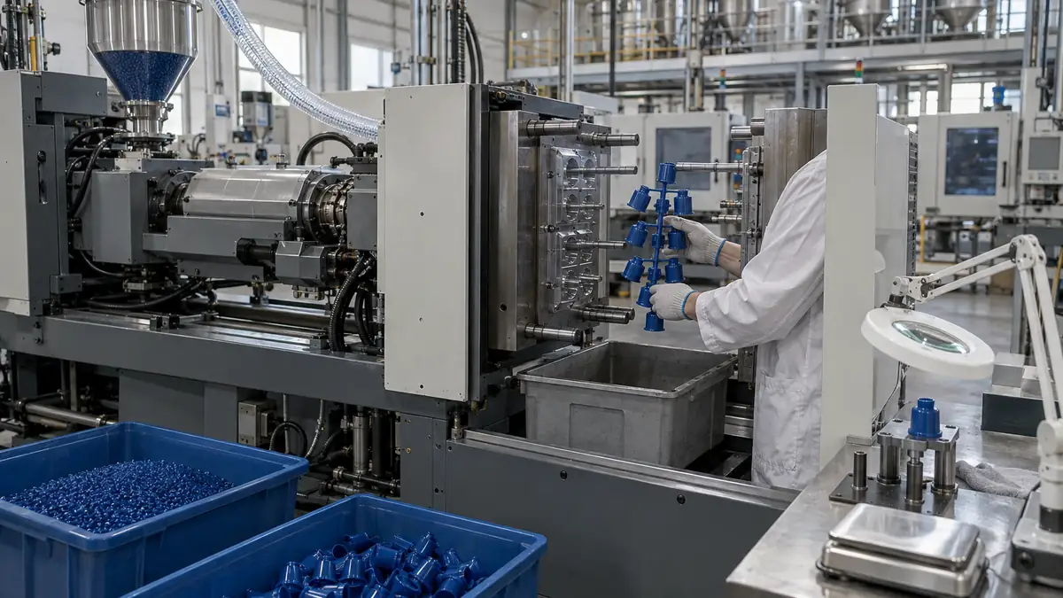Presse à injecter dans un atelier de plasturgie : un bras robot dépose une grappe de pièces plastiques translucides dans un bac bleu, un opérateur vu de dos la contrôle, deux autres presses et une trémie de séchage à l'arrière-plan.