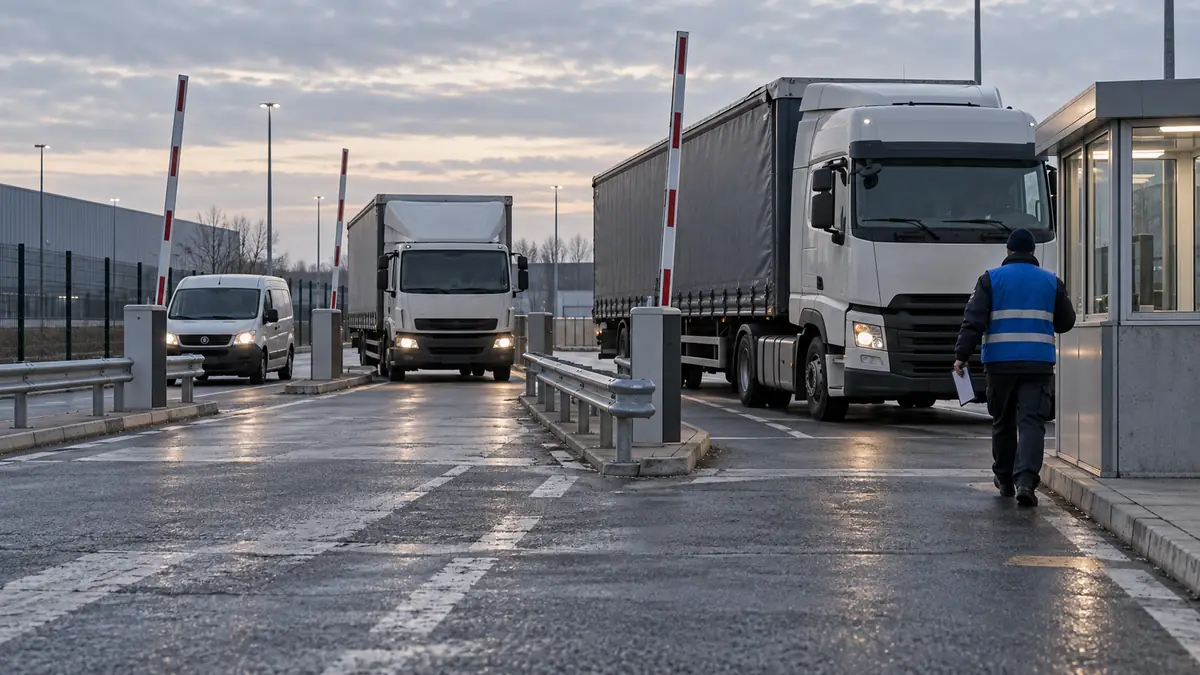 Poste de garde d'un site logistique au petit matin : un semi-remorque, un porteur de messagerie et un utilitaire léger attendent en files séparées devant la barrière, un agent sortant de la guérite avec un porte-bloc.