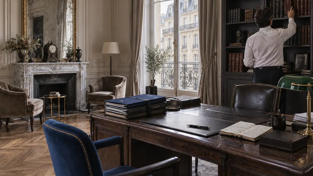 Table de réunion en chêne d'un cabinet d'avocats : dossiers cartonnés sanglés de rubans rouges, mains annotant un feuillet au stylo plume, robe noire d'avocat à rabat blanc suspendue sur un portant, ordinateur portable affichant un graphique en barres sans libellé, classeur bleu profond, lumière de fin d'après-midi venant d'une fenêtre à gauche.