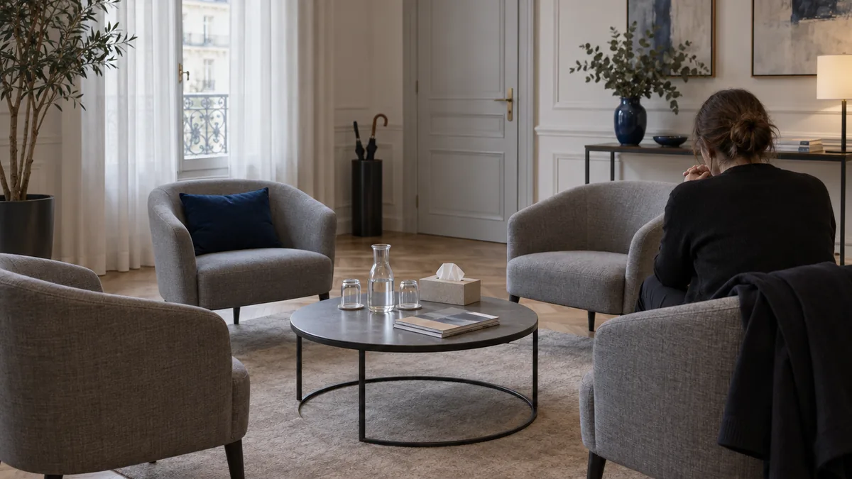 Bureau d'avocat en droit de la famille : deux fauteuils vides côte à côte face à la table de travail, une veste posée sur l'un d'eux, une boîte de mouchoirs, un dossier cartonné ouvert et les mains d'une personne qui annote une feuille au surligneur.