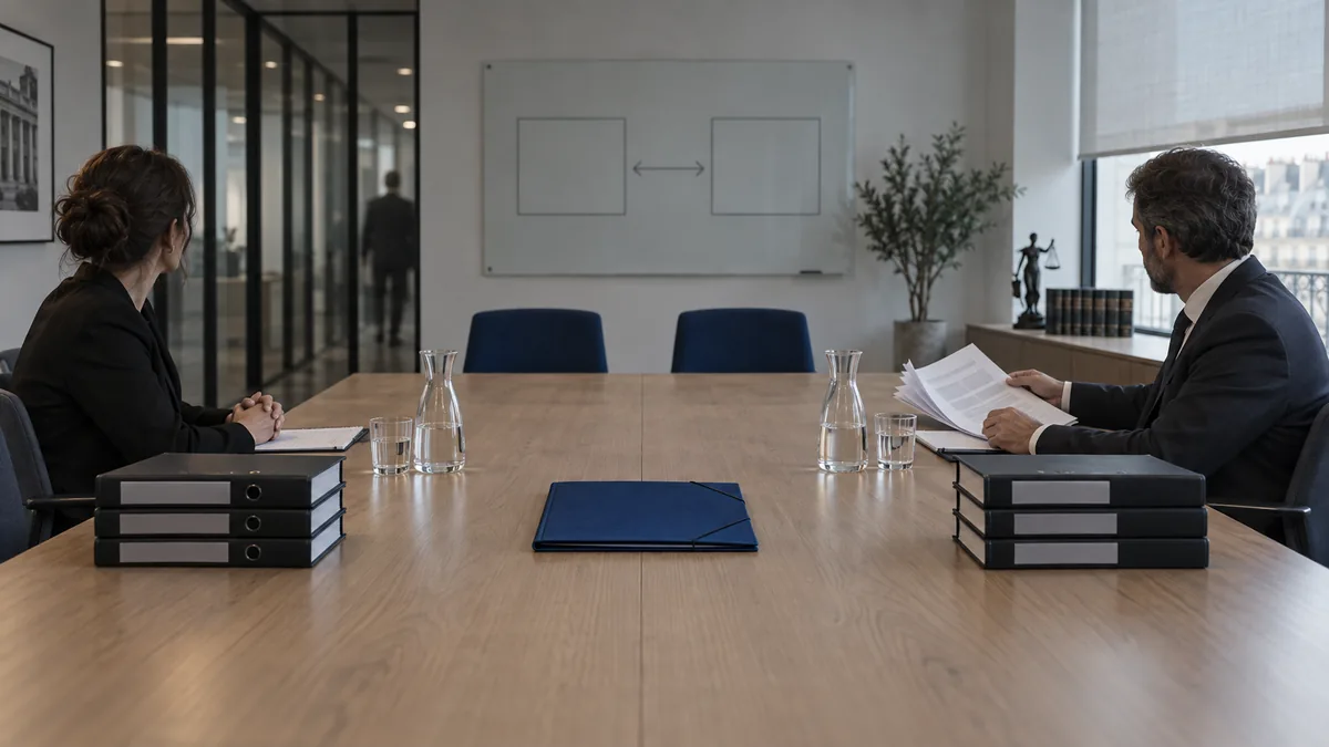 Table de réunion d'un cabinet d'avocats : les mains d'une personne en robe noire annotent une liasse de bulletins de paie près d'un volume juridique sans titre, deux chaises vides en face, une seconde robe suspendue devant la fenêtre.