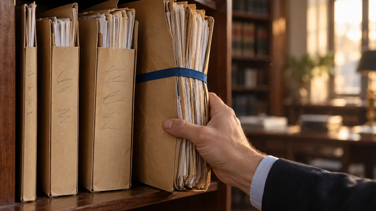 Quatre chemises cartonnées d'un même dossier alignées sur une étagère, de plus en plus épaisses, la dernière déformée et sanglée d'un élastique, une main en tirant une.