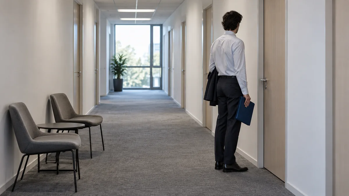 Candidat attendant seul debout dans un couloir d'entreprise devant une porte fermée, veste sur le bras et pochette à la main, deux chaises vides contre le mur.