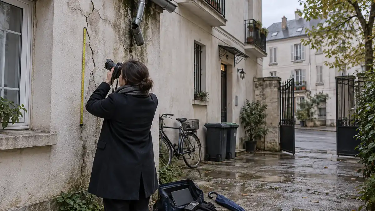 Commissaire de justice vu de dos photographiant au reflex une auréole d'infiltration au plafond d'un appartement, un mètre ruban déroulé contre le mur, sacoche de cuir et chemise cartonnée bleue posées sur le parquet