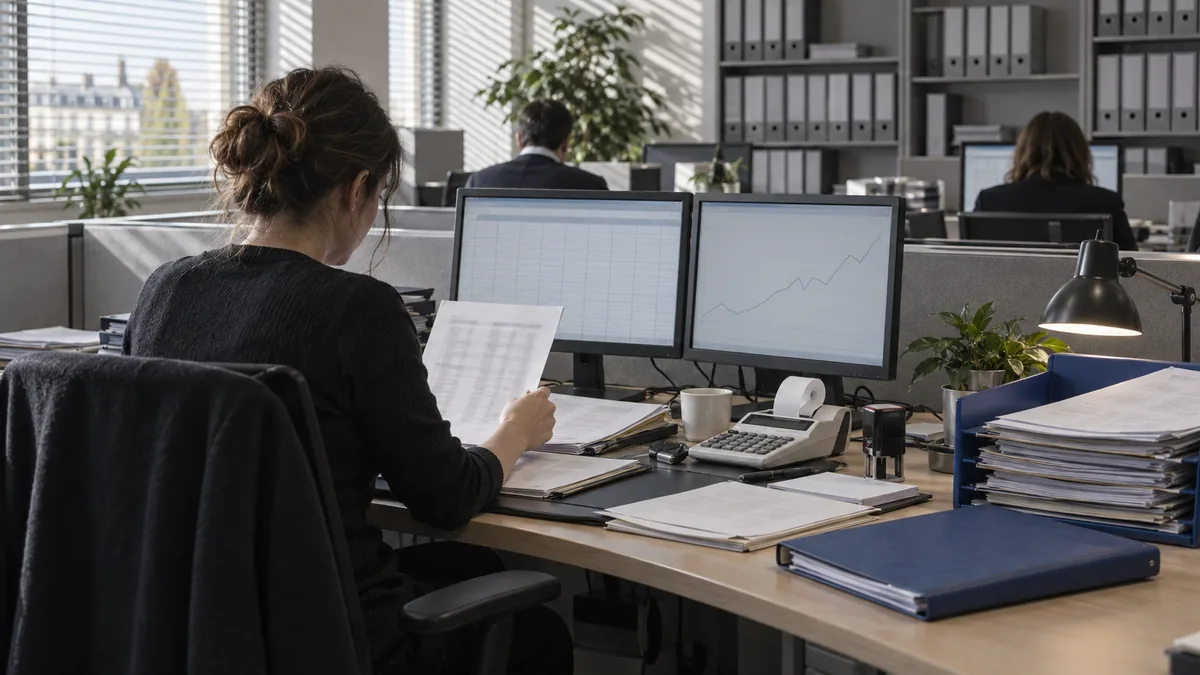 Poste de travail d'un cabinet d'expertise comptable : deux écrans affichant un tableau quadrillé et des barres bleues sans libellé, une calculatrice à rouleau, des classeurs à levier et les mains d'une personne feuilletant une liasse de feuilles