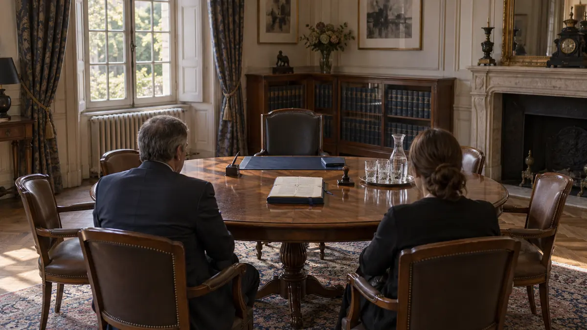 Salle de signature d'un office notarial : table ovale en chêne clair, parapheur ouvert, chemises cartonnées dont une bleu profond, mains d'une personne en chemise blanche refermant un dossier, bibliothèque de dossiers au fond.