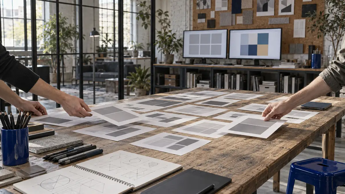 Poste de travail dans une agence web : double écran affichant une maquette de page en blocs gris et une grille de carrés de couleur, mains d'une personne tenant un stylet au-dessus d'une tablette graphique, carnet ouvert sur des croquis de gabarits, nuancier déployé en éventail ; en arrière-plan flou, deux personnes de dos devant un tableau blanc couvert de rectangles et de flèches.