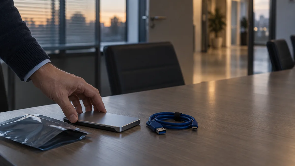 Disque dur externe et câble enroulé posés au bout d'une table de réunion vide, pochette antistatique ouverte, une main s'apprêtant à le prendre, porte ouverte sur le couloir.