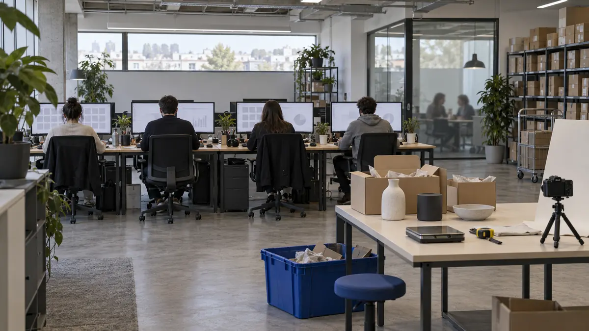 Deux personnes de dos dans un bureau ouvert, devant deux écrans : à gauche une grille dense de vignettes de produits sans libellés, à droite une carte de France piquée de points bleus et deux courbes qui se croisent.