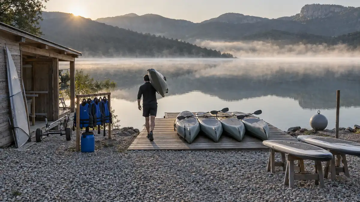 Base de loisirs nautiques au bord d'un lac avant l'arrivée du public : plage de galets et ponton de bois où sont alignés des kayaks retournés coque en l'air avec des pagaies posées en travers, moniteur en short et chaussures d'eau vu de dos portant un kayak sur l'épaule vers la rive, gilets de sauvetage bleu profond unis suspendus à un râtelier et bidon étanche de la même teinte, cabane de bois à auvent ouvert avec planche à voile appuyée et chariot de mise à l'eau, deux stand-up paddles sur tréteaux, lac immobile réfléchissant les collines boisées dans un banc de brume