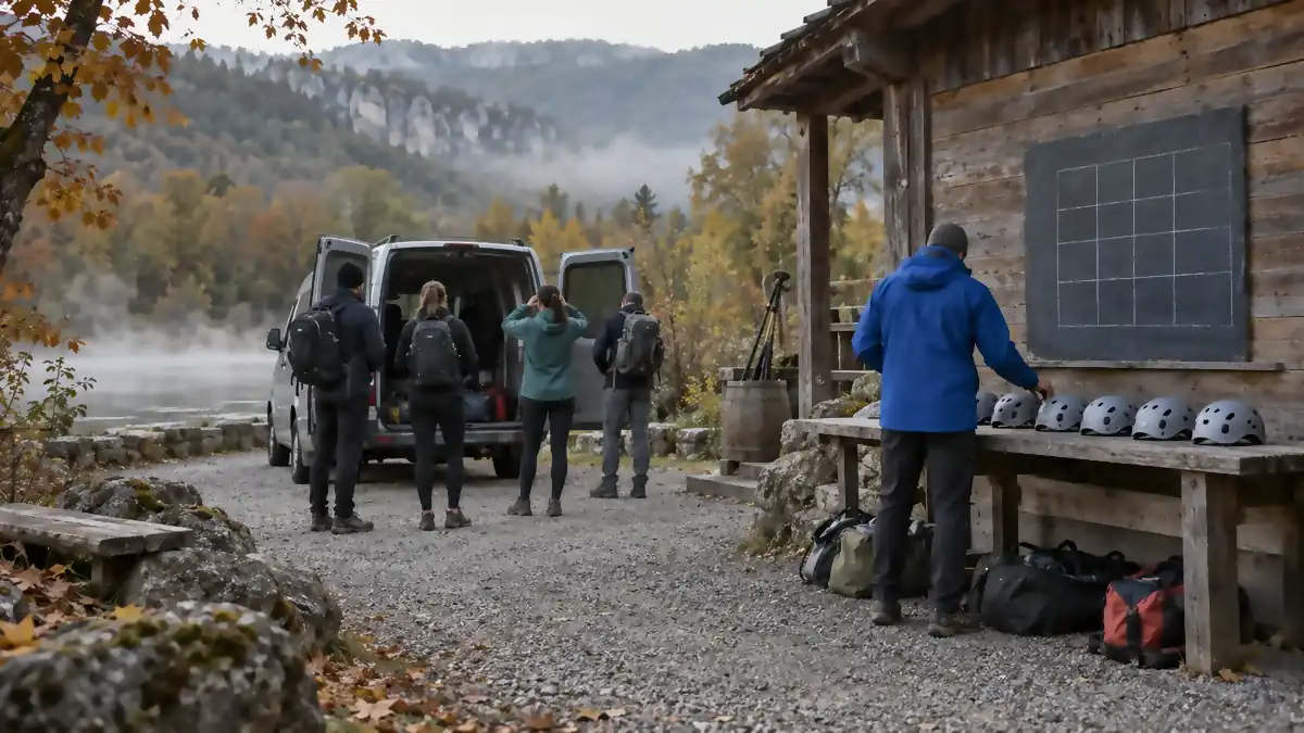 Base d'activités de plein air un matin d'octobre : un moniteur de dos vérifie des casques alignés sur un banc de bois, un petit groupe d'adultes en tenue de sport attend près d'un minibus, et un panneau d'affichage porte un planning de créneaux à la craie.