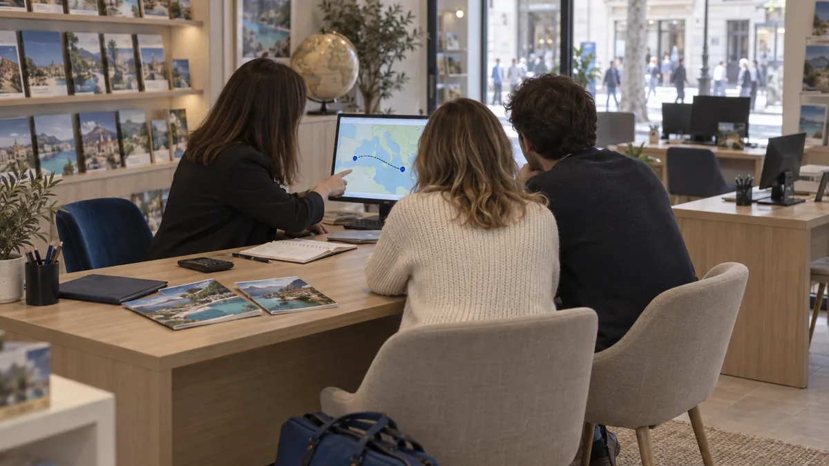 Agence de voyage de centre-ville pendant un rendez-vous : bureau de conseil en bois clair avec une conseillère et un couple de clients assis de part et d'autre, tous vus de dos ou de profil perdu, la conseillère faisant pivoter son écran qui montre une carte stylisée avec un tracé et deux points sans nom ni valeur, carnet ouvert aux notes illisibles, calculatrice, pochette cartonnée et trois brochures ouvertes ne montrant que des paysages, chaise bleu profond et pochette de voyage de la même teinte, mur de présentoirs et globe terrestre sur une console