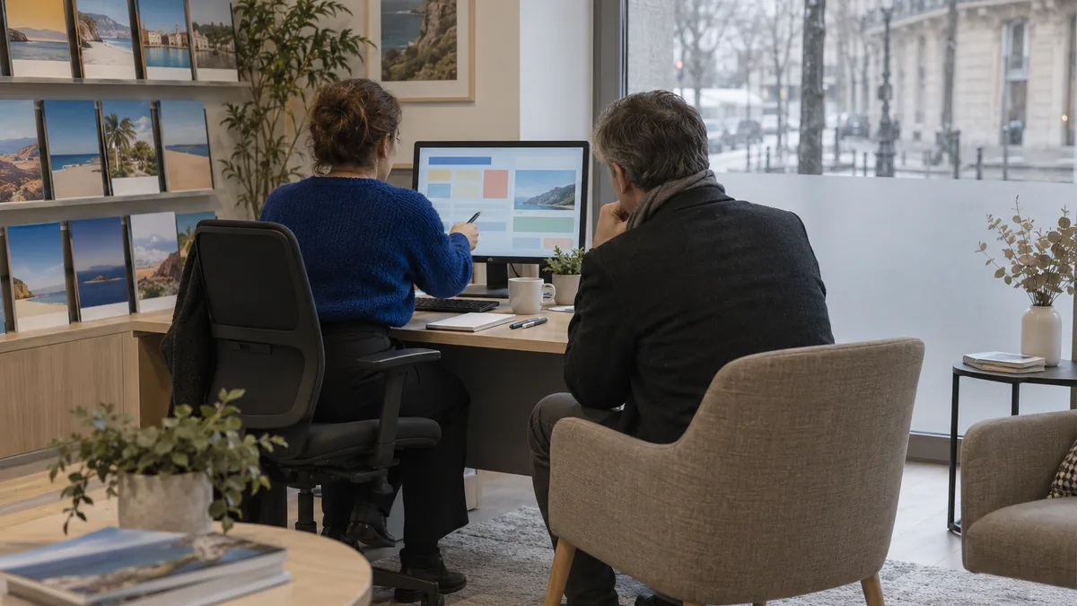 Agence de voyage en janvier, vue de l'intérieur : une conseillère de dos face à un client assis de l'autre côté du bureau, un écran affichant un calendrier de départs, des brochures de destinations rangées dans un présentoir, et la vitrine givrée derrière eux.